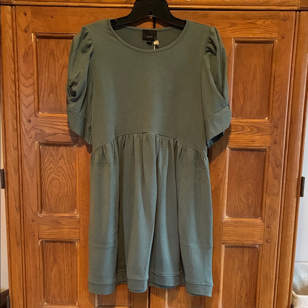 Lumiere Sage Green Knit Mini Dress with Puff Sleeves Size L
